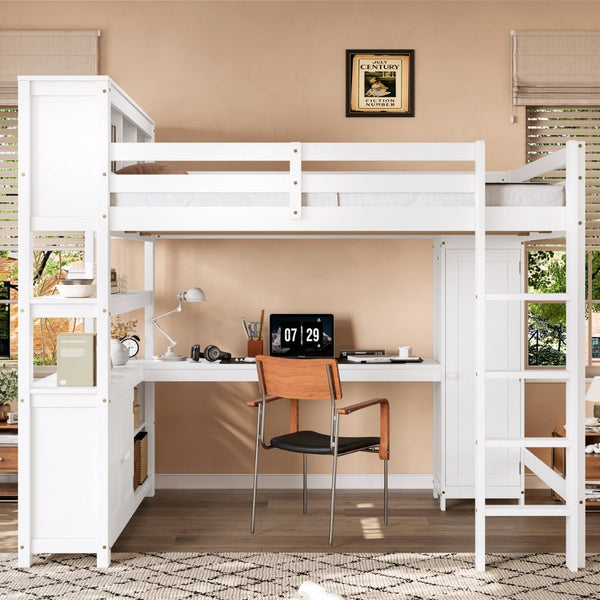 English Elm Full Size Pine Loft Bed House Frame with Slide Bookshelves and Moon Star Rails W1580S00162