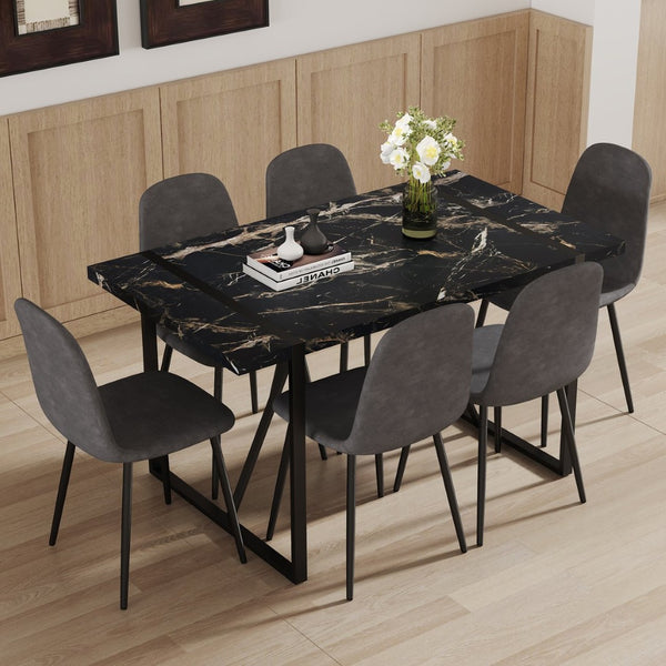English Elm Table Modern Black Marble Dining Set With 6 Dark Gray Chairs - Stylish, Durable, Perfect For Any Space W1151S03839-GIGA