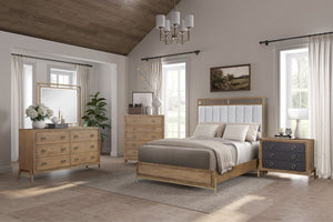 English Elm Queen Upholstered Headboard Bed Walnut Veneer Frame Transitional Bedroom Furniture B2699S00021