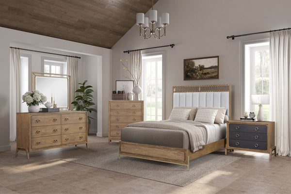 English Elm Queen Upholstered Headboard Bed Walnut Veneer Frame Transitional Bedroom Furniture B2699S00021
