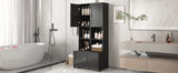 English Elm Tall and Wide Bathroom Floor Storage Cabinet, Bathroom Storage Unit, Freestanding Cabinet With 4 Doors, Adjustable Shelves, Open Multi-Layer Shelves, Black