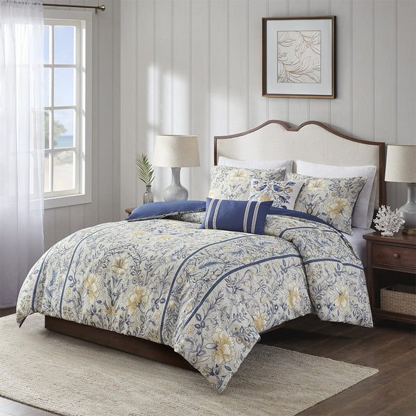 JLA Home Harbor House Blue - 5 Cotton Duvet Cover Set with Yellow & Blue Botanical Print, OEKO‑TEX, Breathable Slub Cotton Design 90 L x 90 W x 1.5H HH12-1803