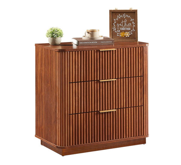 English Elm 3 Drawer Walnut Dresser Set with Curved Wave Corners, Waterproof Top, Modern Nightstands for Bedroom W1820P337284