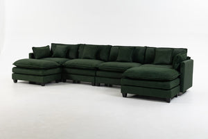 English Elm Modern Chenille Sectional Sofa Modular Sleeper with Ottoman Chaise and Waist Pillows Antique Green W2530S00022