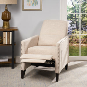 English Elm Pushback Recliner Accent Chair Solid Birch Frame Rivet Detail Mid-century Living Room Seat Beige 65532.00BGE