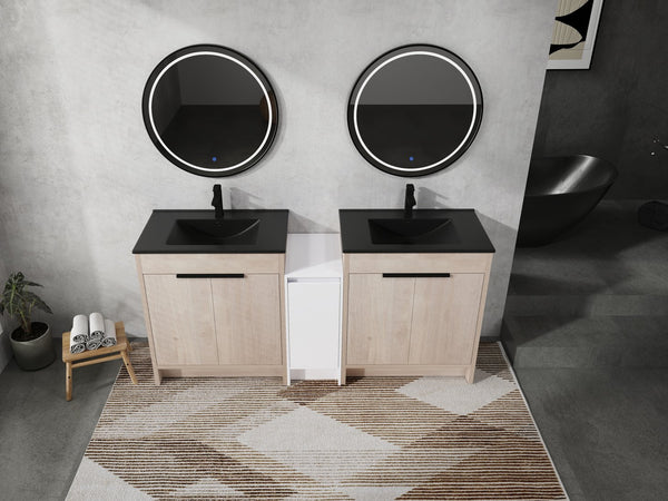 English Elm 72 Inch Freestanding Bathroom Vanity Set With Black Ceramic Sinks, Soft-Close Doors & Storage Solutions W999S00319