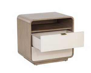 Sunpan Kayden Nightstand: Timeless Light Wash Acacia Wood Design with Oyster Shagreen Drawers & Brass Hardware