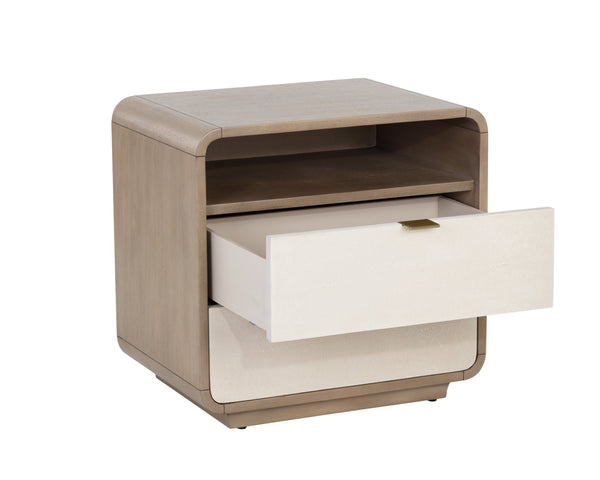Sunpan Kayden Nightstand: Timeless Light Wash Acacia Wood Design with Oyster Shagreen Drawers & Brass Hardware