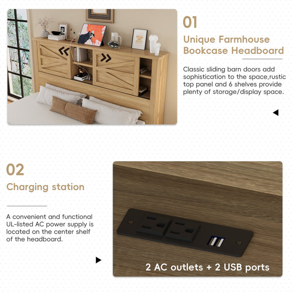 English Elm 3-Pieces Bedroom Set Full Size Farmhouse Platform Bed with Storage Headboard, Nightstand & Dresser Natural 59.25 L x 18.31 W x 8.27 H N733S369048M