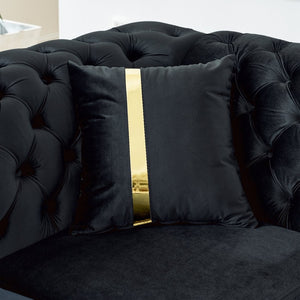 English Elm 106 Inch Velvet Tufted Chesterfield Sectional with Gold Steel Legs for Large Living Rooms Black W1191S00046