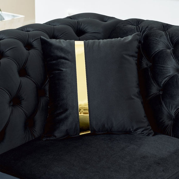 English Elm 106 Inch Velvet Tufted Chesterfield Sectional with Gold Steel Legs for Large Living Rooms Black W1191S00046