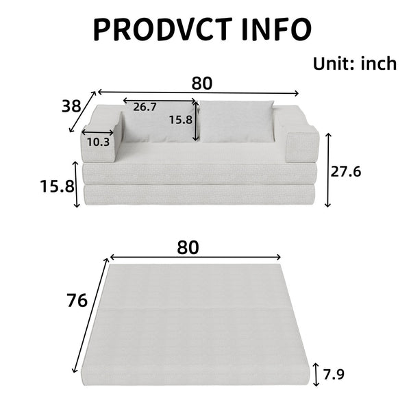 English Elm 80" Chenille Folding Floor Sofa Converts to King Sleeper with Modular Repositionable Arms Beige+White W1885P204171