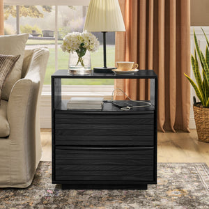 English Elm Mid Century Modern nightstand with USB charging, louver drawers, open shelf and hidden cord storage Black W1801P303391