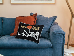 English Elm Trick Or Treat Skeleton Velvet Throw Pillow - Luxurious Black Accent For Spooky Halloween Decor B357P360658-GIGA