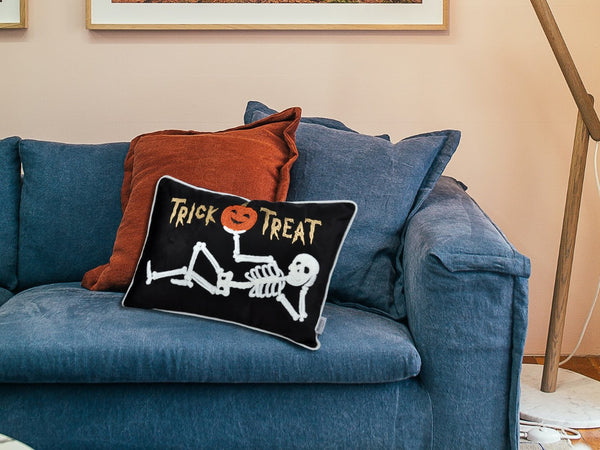English Elm Trick Or Treat Skeleton Velvet Throw Pillow - Luxurious Black Accent For Spooky Halloween Decor B357P360658-GIGA