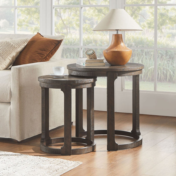 English Elm (1 Coffee Table+1 Side Table) Two-piece Pine Wood Round Set with Wheels Rustic Living Room Dark Brown W2582S00194