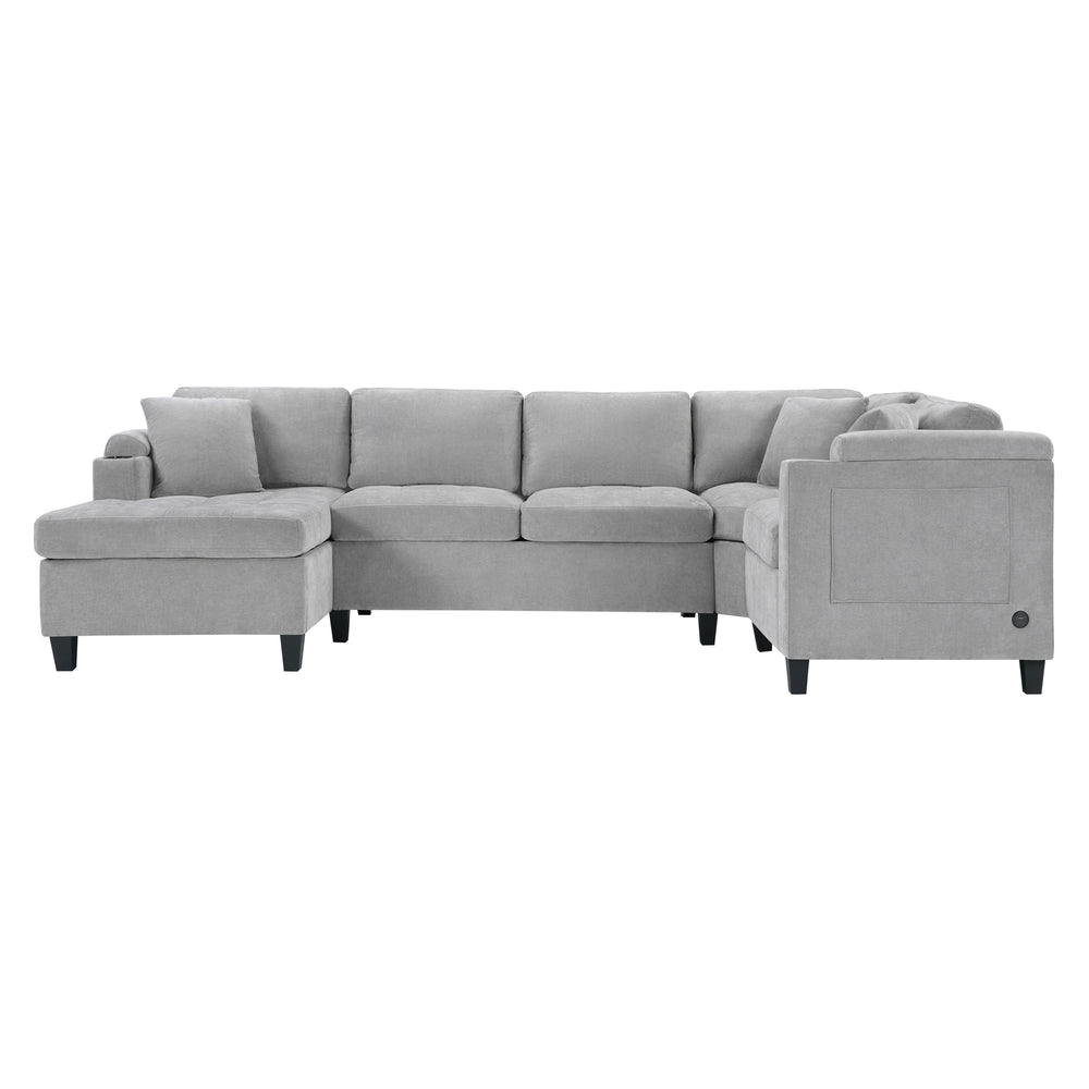 English Elm Modern U-shaped Sectional Sofa 115.7" Corner Couch with Chaise, Chenille Tufted Cushions, USB Ports and Storage LIGHT GREY N719S002150R
