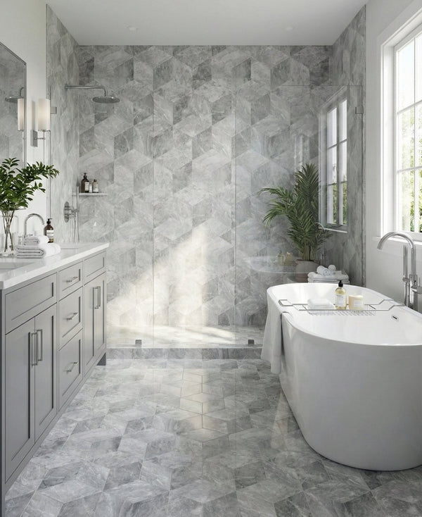 English Elm Hexagon Carrara Gray Polished Marble Floor Wall Tile Spa Inspired Natural Stone W1696P262337
