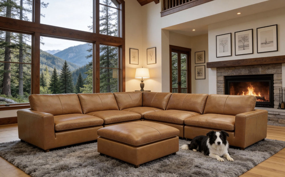 English Elm Leather Match L-shaped Sectional Sofa with Top-grain Upholstery for Open Living Rooms Ginger B2748S00164