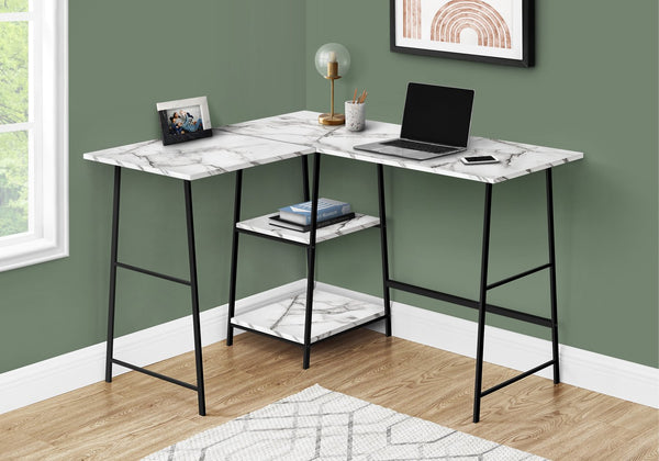 English Elm Computer Desk - Modern L-Shaped Corner Design With Marble Look & Black Metal Frame For Home Office B2710P221285