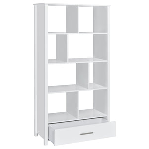 English Elm Dylan White High Gloss 4-Shelf Bookshelf with Curved Glass Top, Bottom Drawer & Sleek Modern Storage cabinetry B062P344933