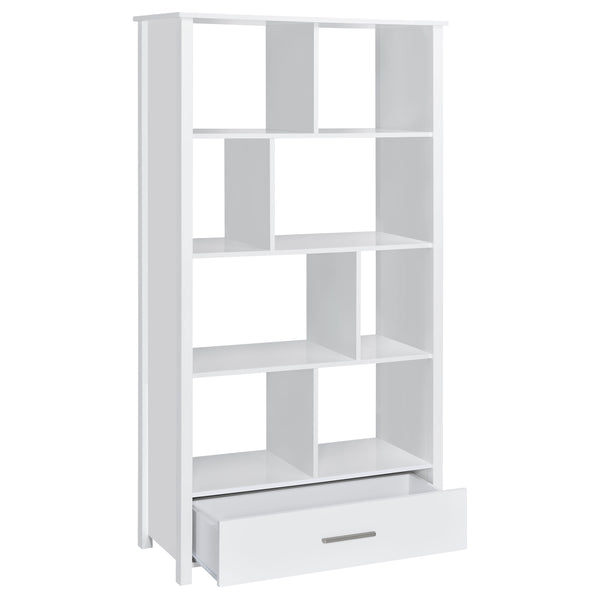English Elm Dylan White High Gloss 4-Shelf Bookshelf with Curved Glass Top, Bottom Drawer & Sleek Modern Storage cabinetry B062P344933