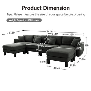 English Elm Boucle U-Shape 4-Seater Sectional Sofa With Shell Armrests & Movable Ottomans In Dark Grey Fabric W3041S00305