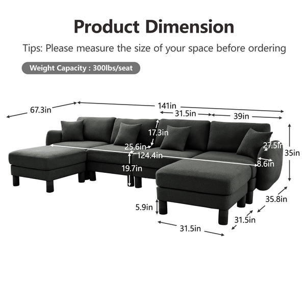 English Elm Boucle U-Shape 4-Seater Sectional Sofa With Shell Armrests & Movable Ottomans In Dark Grey Fabric W3041S00305