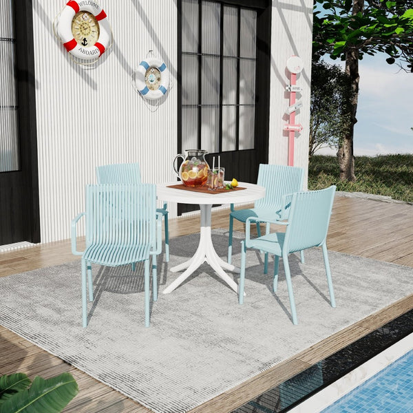 English Elm Summer 5 Piece Stackable Polypropylene Outdoor Dining Set with Round Table for Patios Light Blue,White W3450S00022