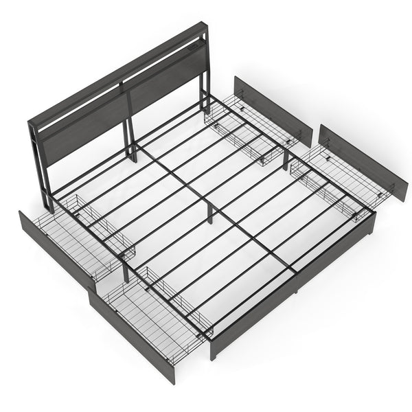 English Elm Queen Metal Platform Bed with Rgb Led Headboard Charging Station and Underbed Storage T3963P483004