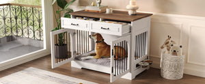 English Elm 43.3" Farmhouse Mdf Dog Crate Console with Drawers and Rotating Bowls for Large Breeds N704P414580A