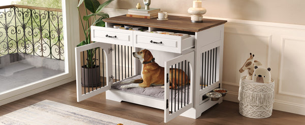 English Elm 43.3" Farmhouse Mdf Dog Crate Console with Drawers and Rotating Bowls for Large Breeds N704P414580A
