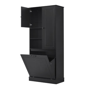 English Elm Tall Storage Cabinet with Flip-Out Basket, Adjustable Shelves & Aluminum Handles for Organized Living Black N725P322739B