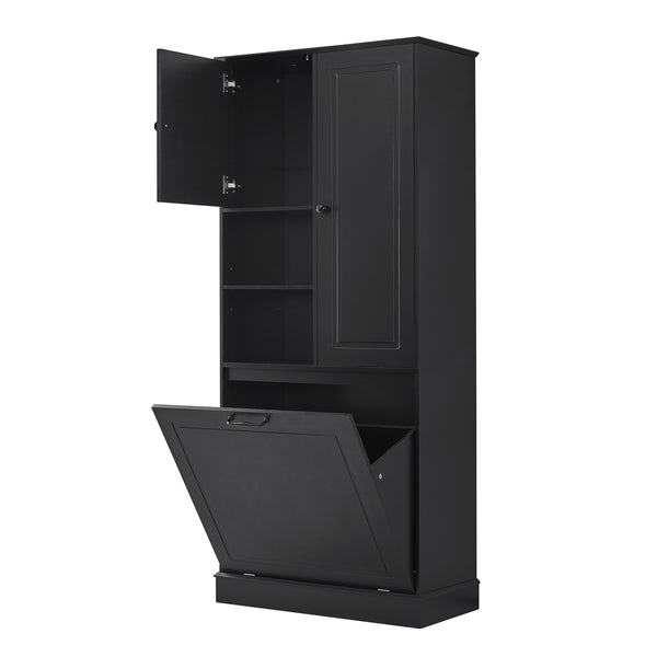 English Elm Tall Storage Cabinet with Flip-Out Basket, Adjustable Shelves & Aluminum Handles for Organized Living Black N725P322739B