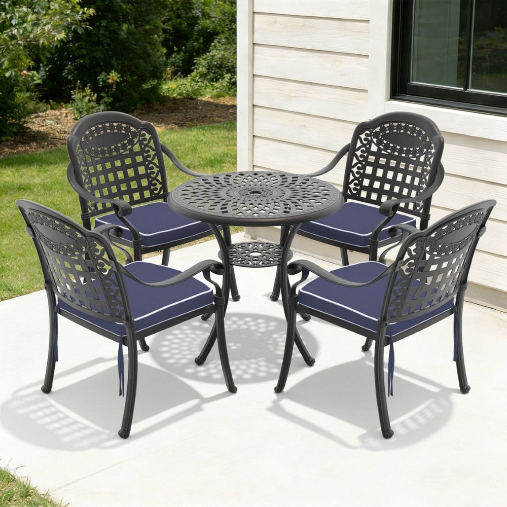 English Elm 5-piece Cast Aluminum Outdoor Dining Set with Ornate Relief Patterned Stackable Chairs W1710S00624