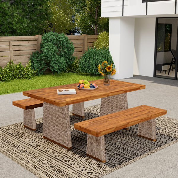 English Elm Christopher Knight Home® - Outdoor 3-Piece Acacia Wood Dining Set With Stylish Handwoven Rattan Legs For Elegant Gatherings N773OD00038B