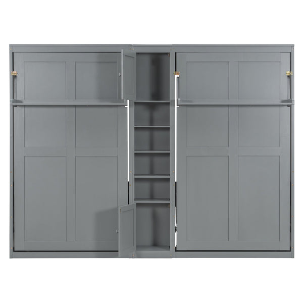 English Elm Dual Twin Murphy Beds with Built-In Cabinets & Shelves for Space-Saving Guest Rooms and Studios Gray N820S00058E