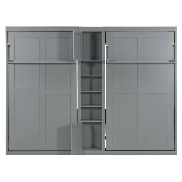 English Elm Dual Twin Wall Murphy Beds with Storage Tower Shelves for Kids or Guest Rooms Gray N820S00058E-1