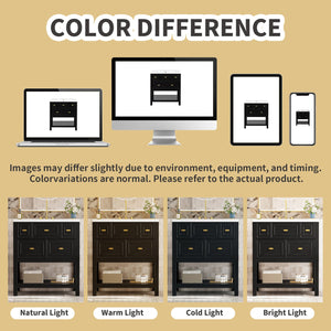 English Elm 30'' Bathroom Vanity with Ceramic Sink, Solid Wood Frame Freestanding Cabinet with 5 Drawers, Gold Knobs and Smooth Slide Rails Black N710P247488B