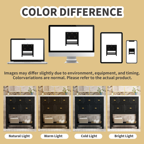 English Elm 30'' Bathroom Vanity with Ceramic Sink, Solid Wood Frame Freestanding Cabinet with 5 Drawers, Gold Knobs and Smooth Slide Rails Black N710P247488B