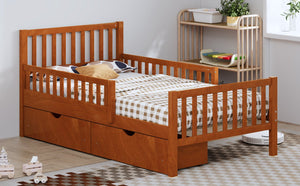 English Elm Twin Pinewood Platform Bed with Headboard, Guardrails & Two Underbed Drawers for Storage Walnut 70.6 L x 17.1 W x 5.9 H N733P172696D