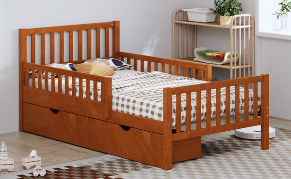 English Elm Twin Pinewood Platform Bed with Headboard, Guardrails & Two Underbed Drawers for Storage Walnut 70.6 L x 17.1 W x 5.9 H N733P172696D