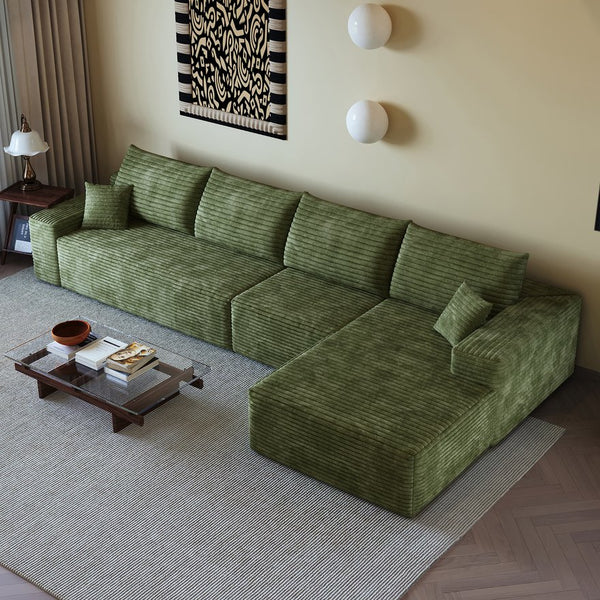 English Elm 135" Cloud Sectional Couch – L-Shape Modular Sofa With Deep Seating, Plush Corduroy In Elegant Green W2824S00126