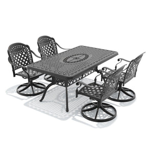 English Elm 5-piece Outdoor Cast Aluminum Dining Set with Swivel Chairs and Ornate Carved Patio Table W1710S00319