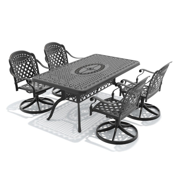 English Elm 5-piece Outdoor Cast Aluminum Dining Set with Swivel Chairs and Ornate Carved Patio Table W1710S00319