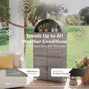 English Elm K&k Tall Arched Pe Rattan Outdoor Storage Cabinet with Adjustable Shelves and Steel Frame Grey N707P420158G