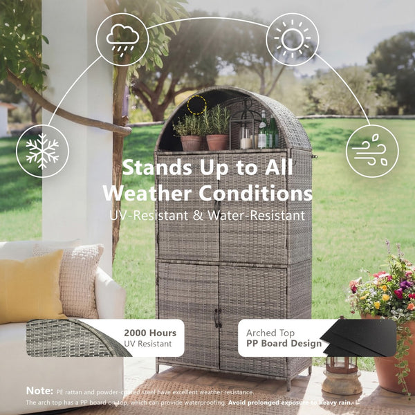 English Elm K&k Tall Arched Pe Rattan Outdoor Storage Cabinet with Adjustable Shelves and Steel Frame Grey N707P420158G