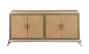English Elm Dodie Champagne & Natural Oak Sunburst Console Cabinet with Art Deco Hardware, Cord Management B2726P285785