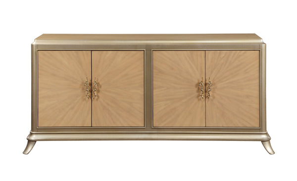 English Elm Dodie Champagne & Natural Oak Sunburst Console Cabinet with Art Deco Hardware, Cord Management B2726P285785