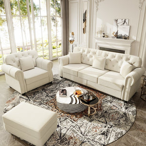 English Elm Upholstered Velvet Chesterfield Sofa with Button Tufting Brass Nailhead and Ottoman Beige+White W1885S00391